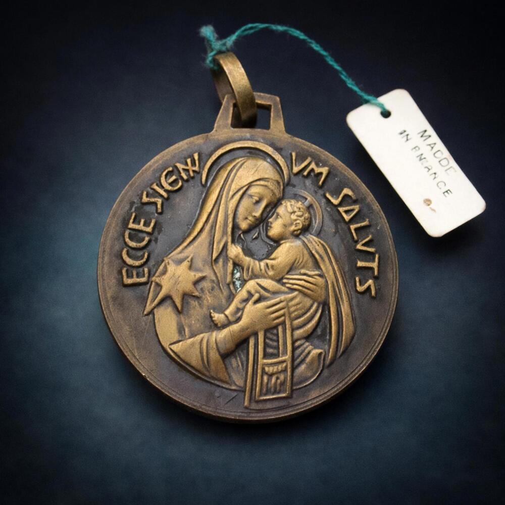 Vintage French Catholic Medal Mary & Child Jesus Sacred Heart Jean Lacroix w Tag